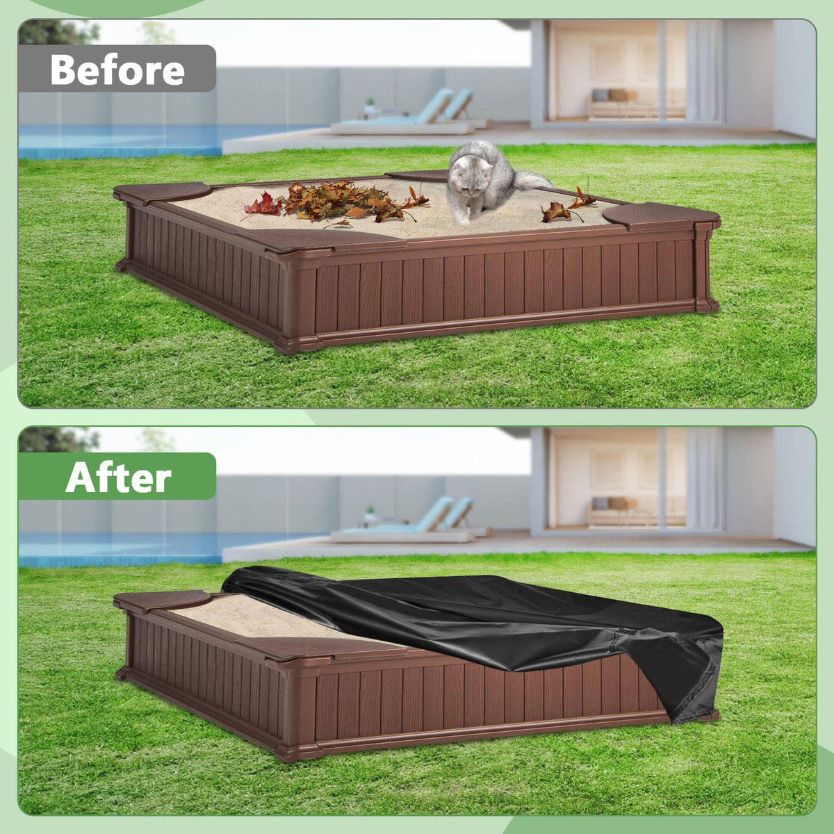 Top view of Kasla waterproof sandbox cover protecting sand and toys
