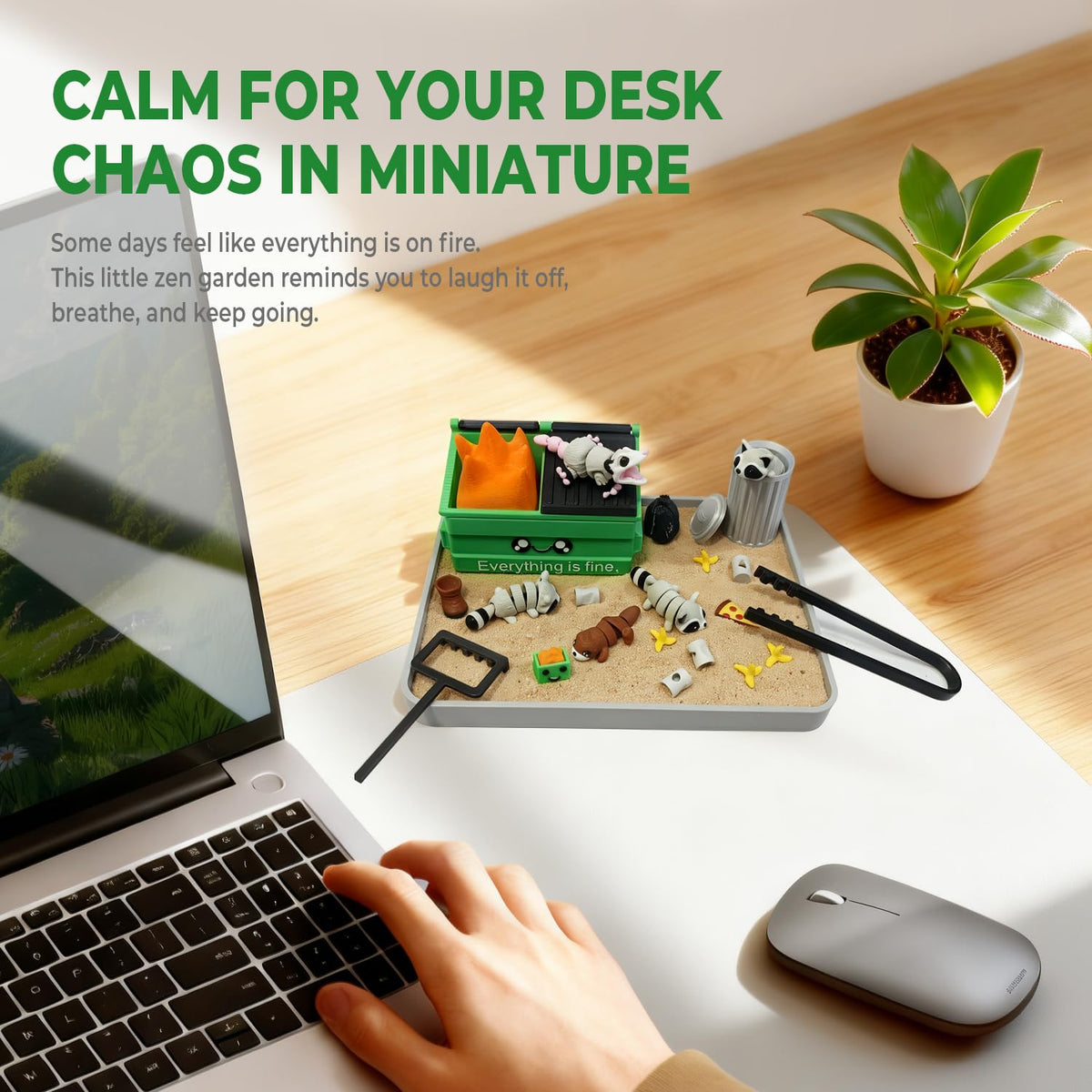 Funny mini desktop zen sand garden with raccoon figures
