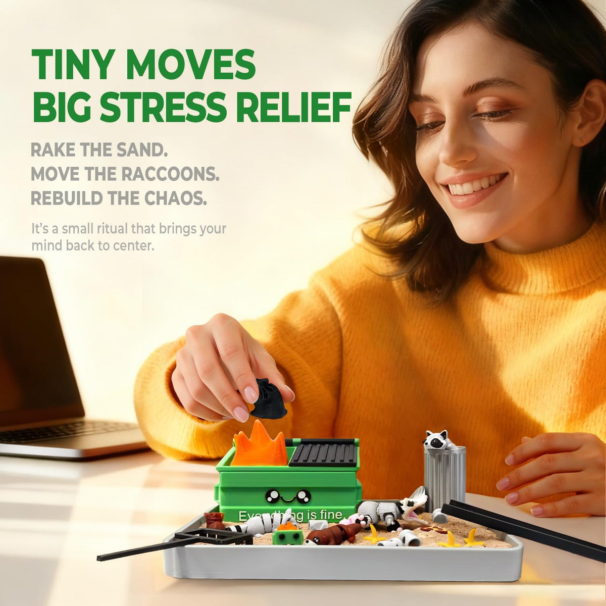 Stress relief office desk accessory with miniature dumpster
