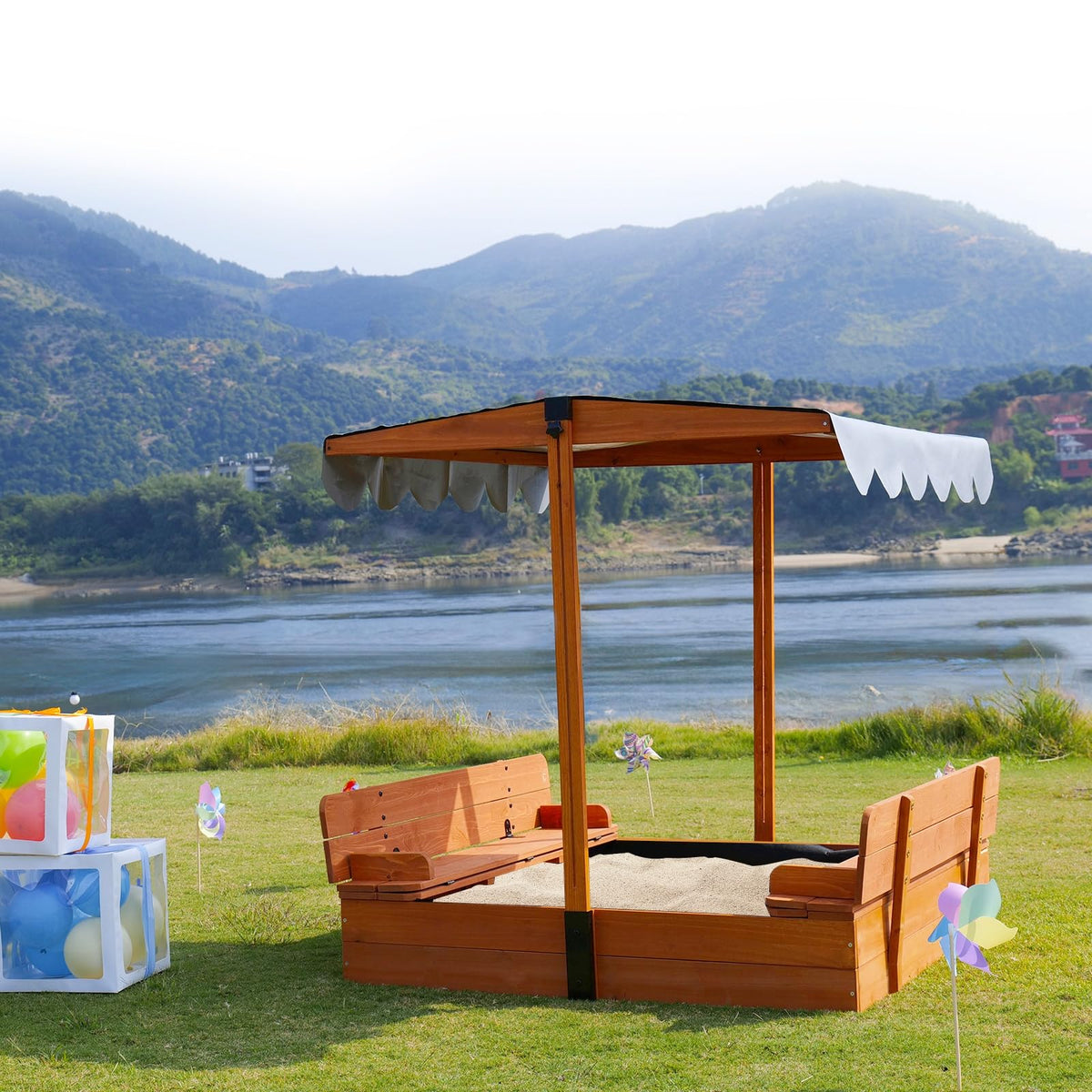 Bottom liner installation for outdoor wooden kids sandbox