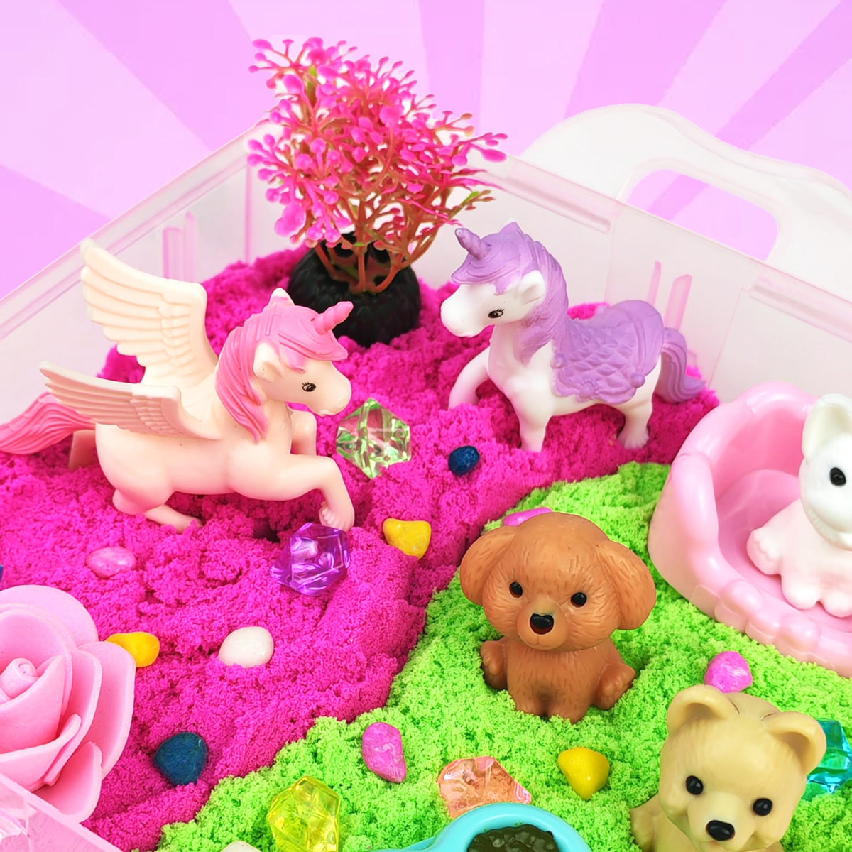 Top view of Mydova sensory bin components and figurines