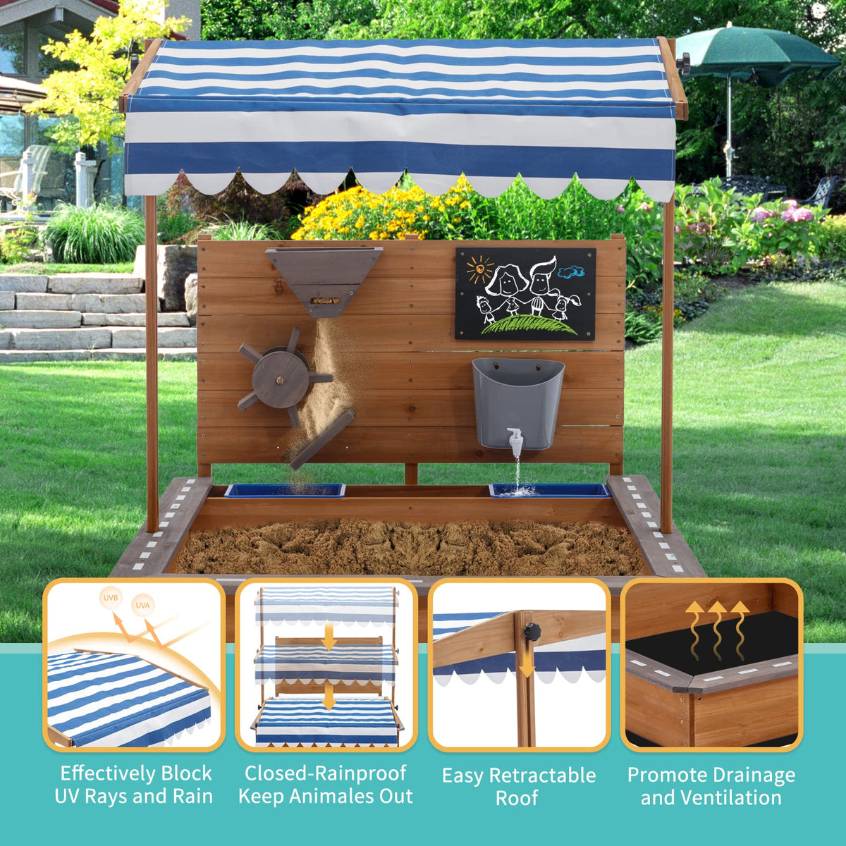Close up of the Pipleo sandbox adjustable canopy and sand funnel