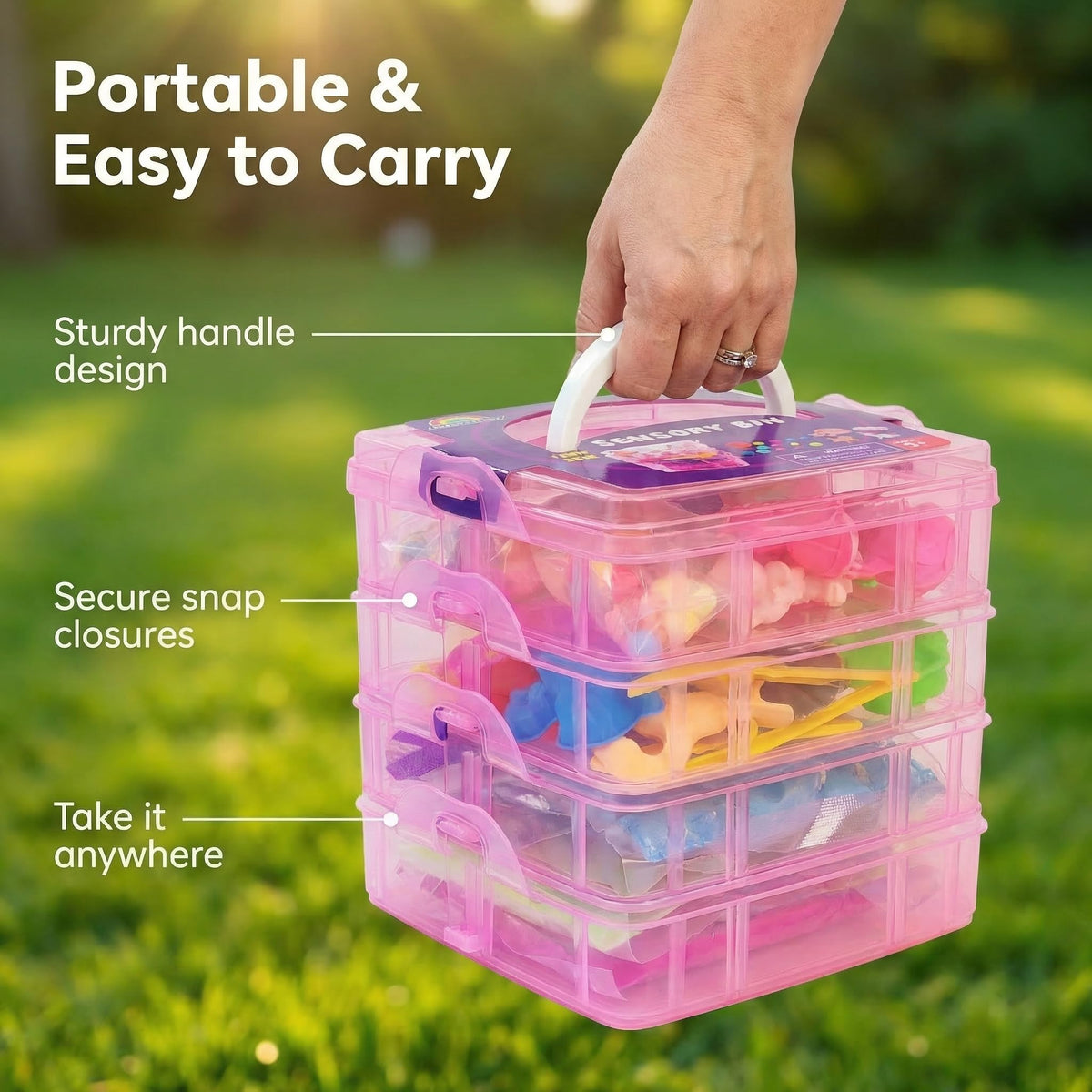 Storage configuration of the stackable unicorn sensory sandbox