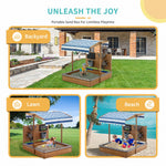 Side view of Pipleo wooden sandpit with benches for kids