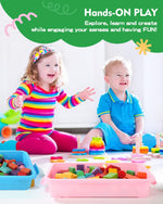 Pink and blue plastic sensory play trays for sand and water