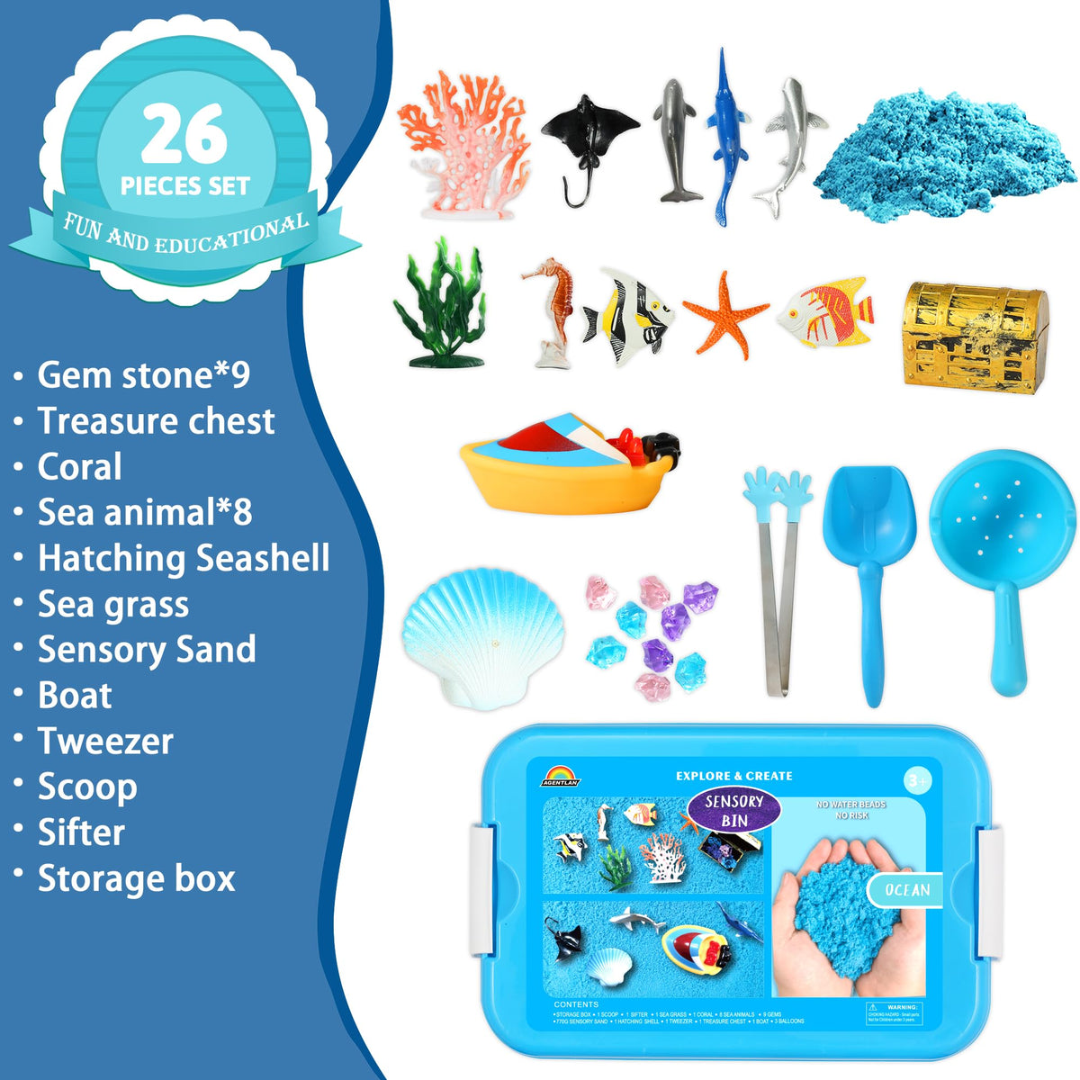 Agentlan sensory bin contents including scoop and sieve
