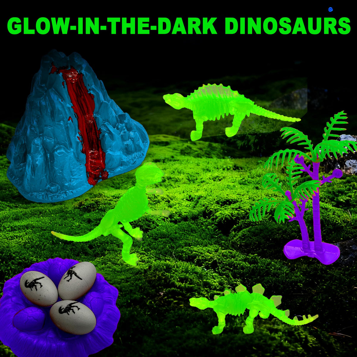 Close up of glow in the dark dinosaur fossils in sensory sand