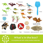 Top view of sensory bin layout with volcano and trees