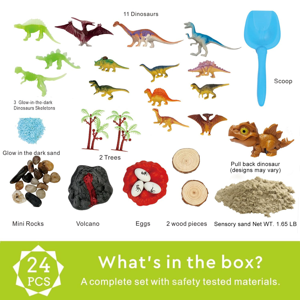 Top view of sensory bin layout with volcano and trees
