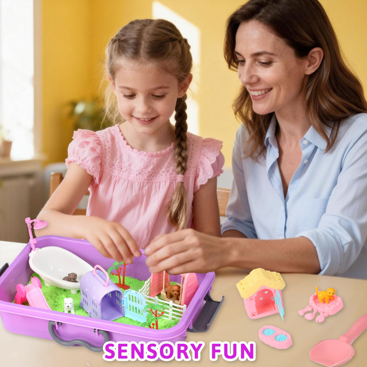 Close up of green magic sand and toy pet accessories