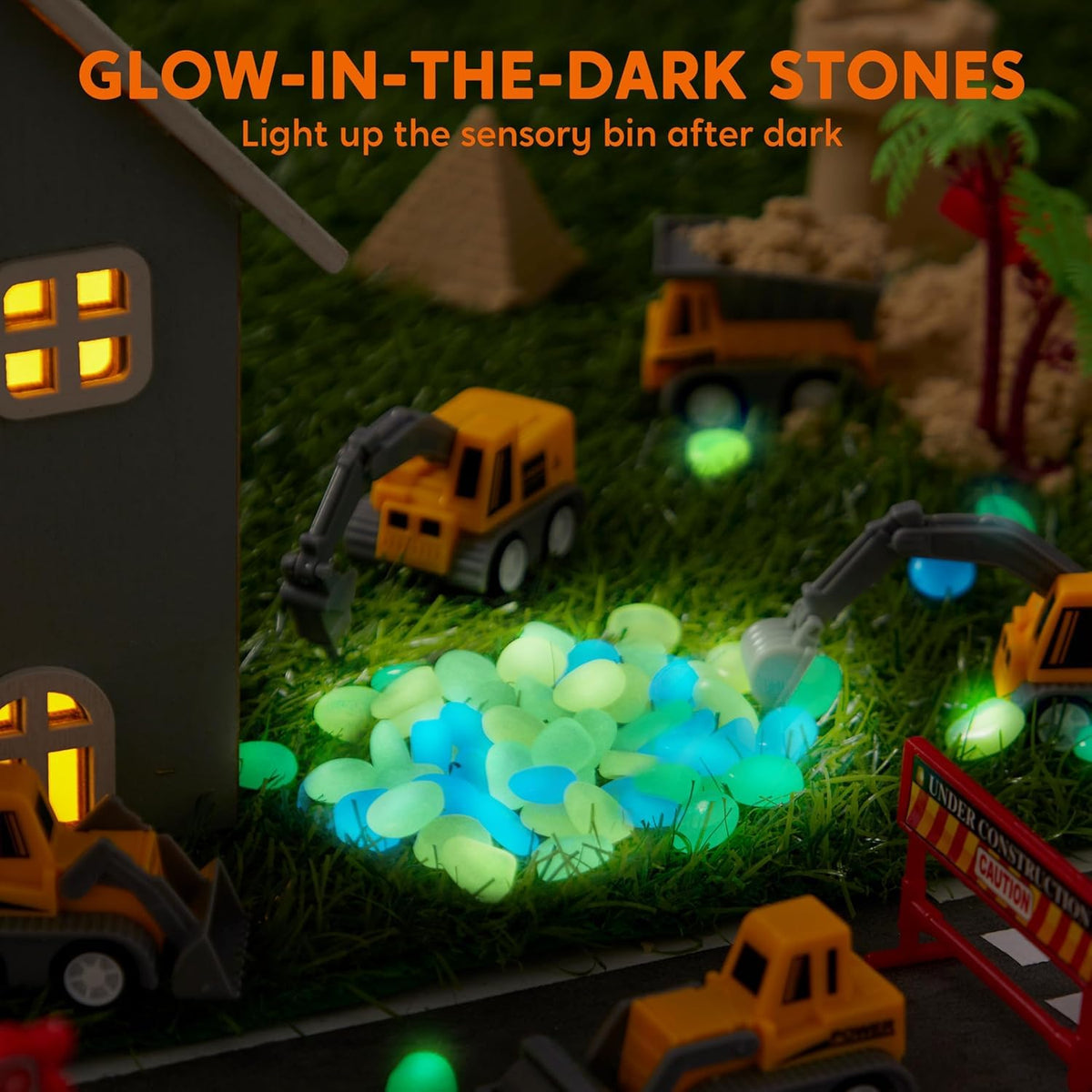 Klever Kits sensory bin with construction vehicles and sand