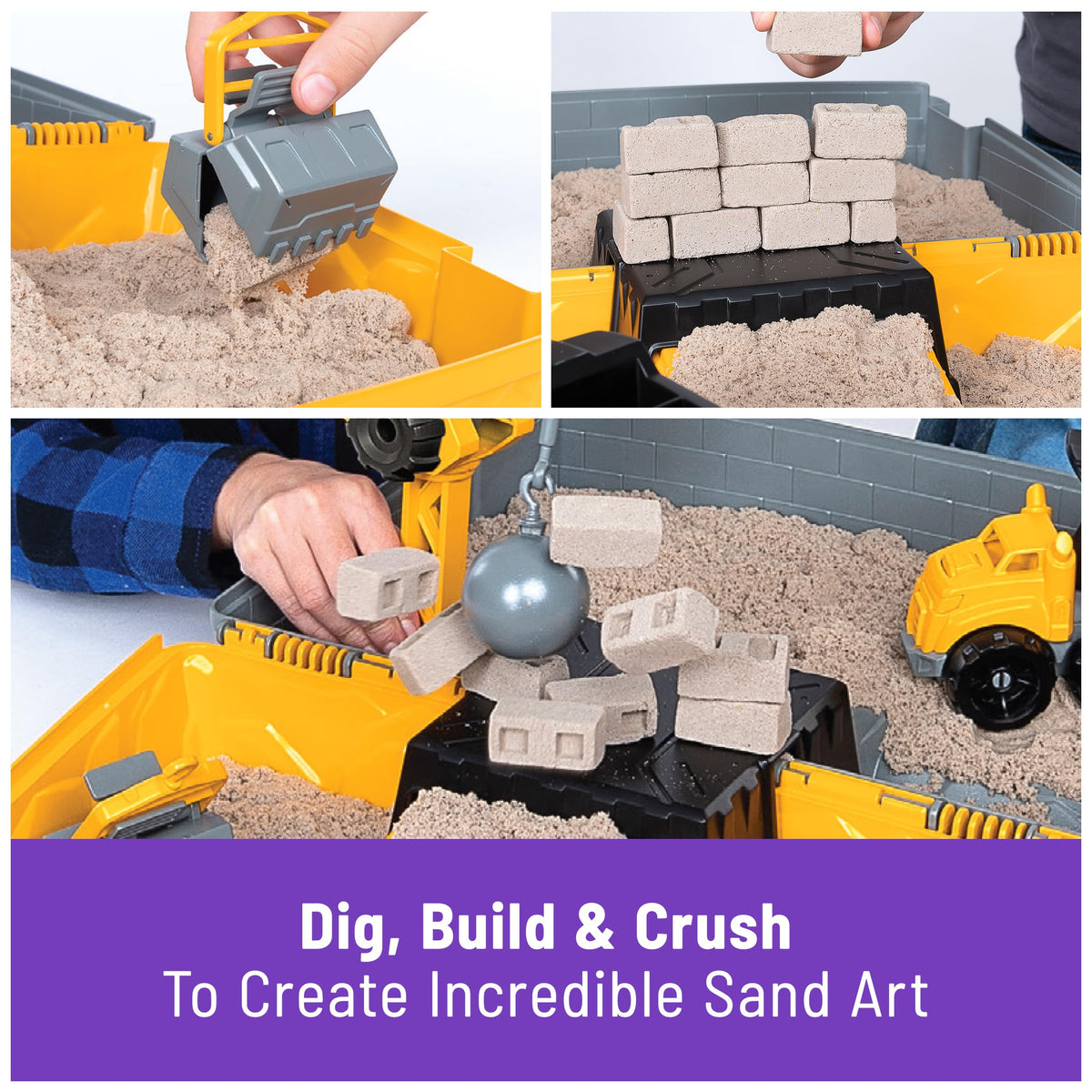 Close up of Kinetic Sand dump truck with brick molding features.