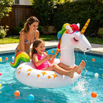 Unicorn pool float being used at a summer beach party
