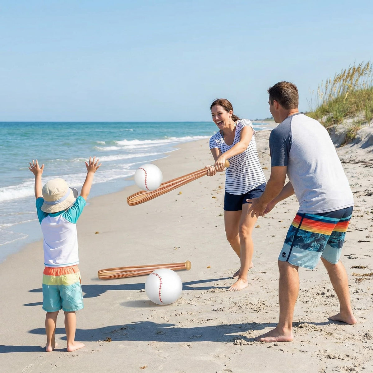 Family playing with Lewtemi inflatable sports set at pool