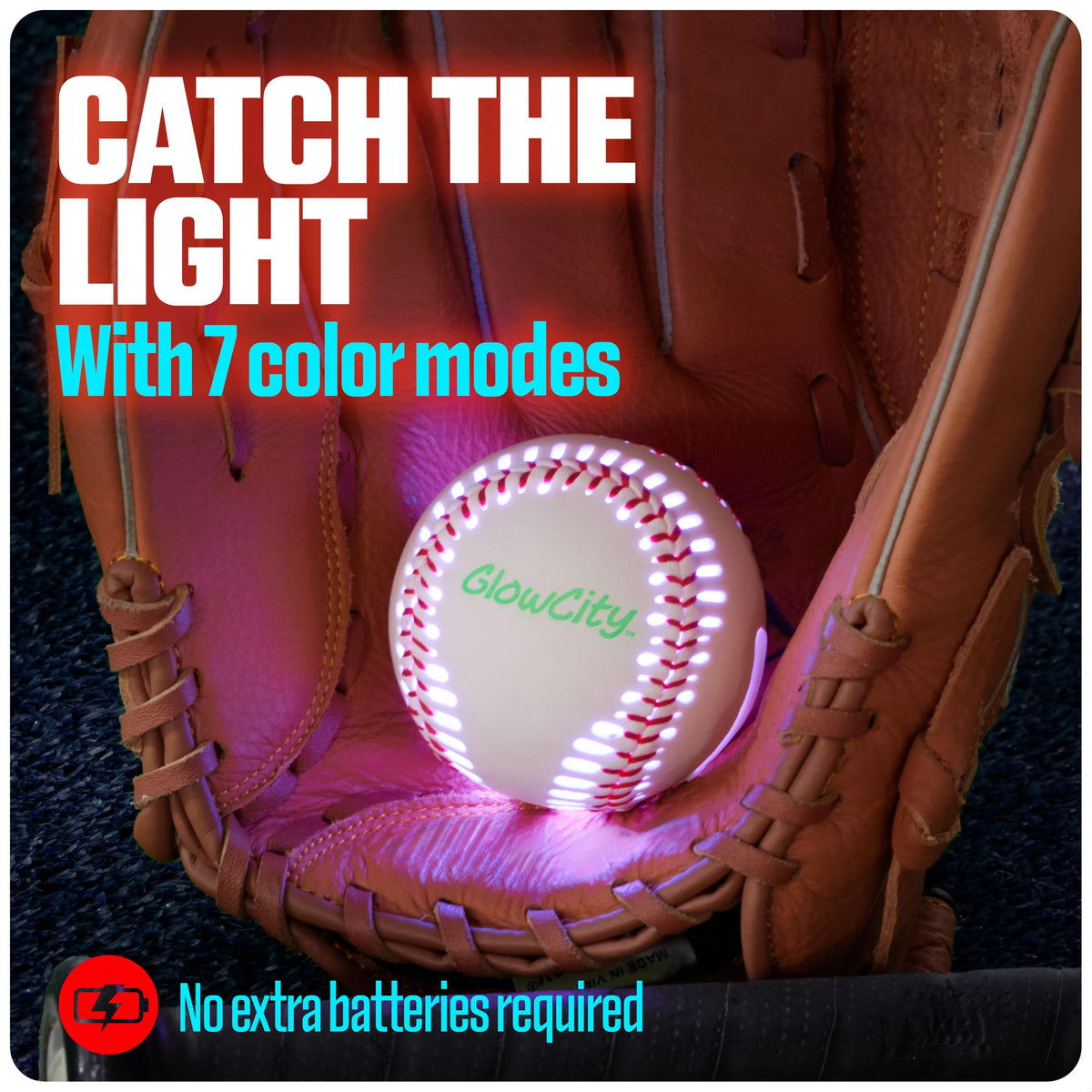 GlowCity LED baseball glowing in the dark during a game of catch