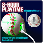 Close up of premium leather stitching on GlowCity LED baseball