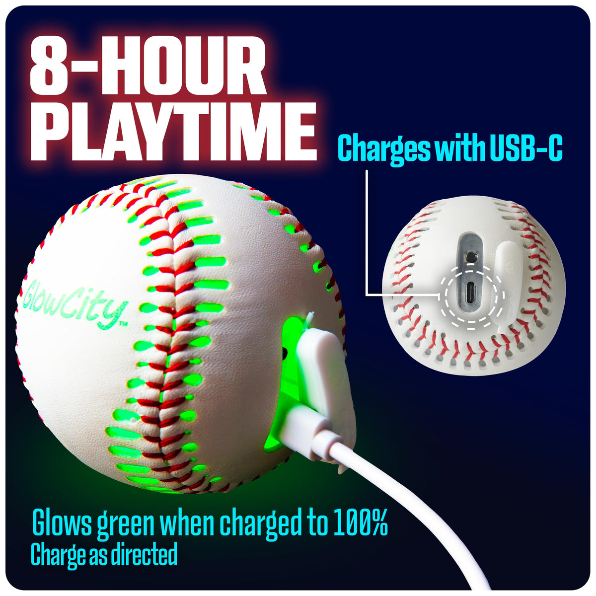 Close up of premium leather stitching on GlowCity LED baseball