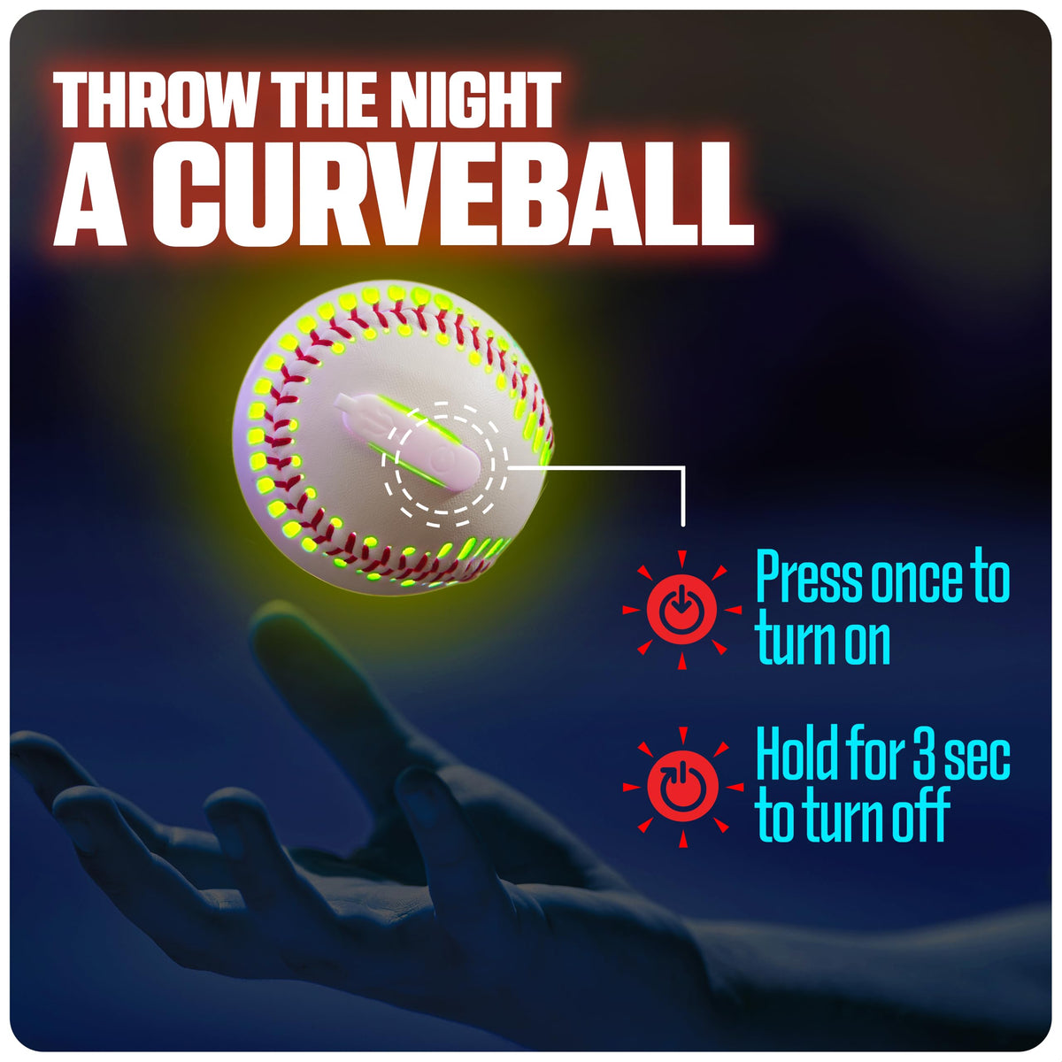 GlowCity LED baseball illuminated on grass at night