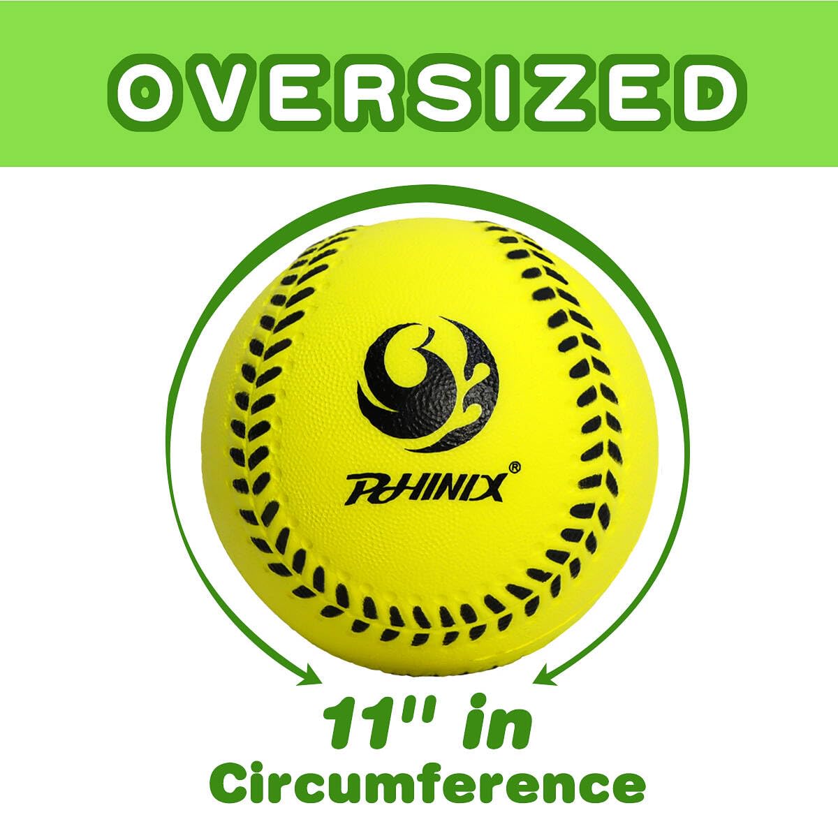 Close up of Phinix green and yellow soft foam practice softball