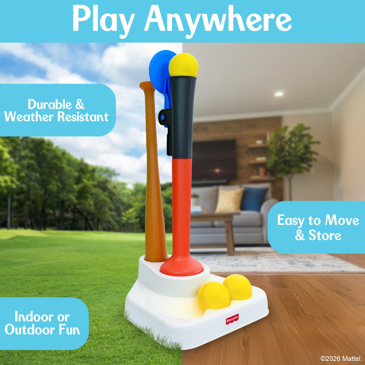 Fisher-Price 2-in-1 Tee Ball set components including bat and balls
