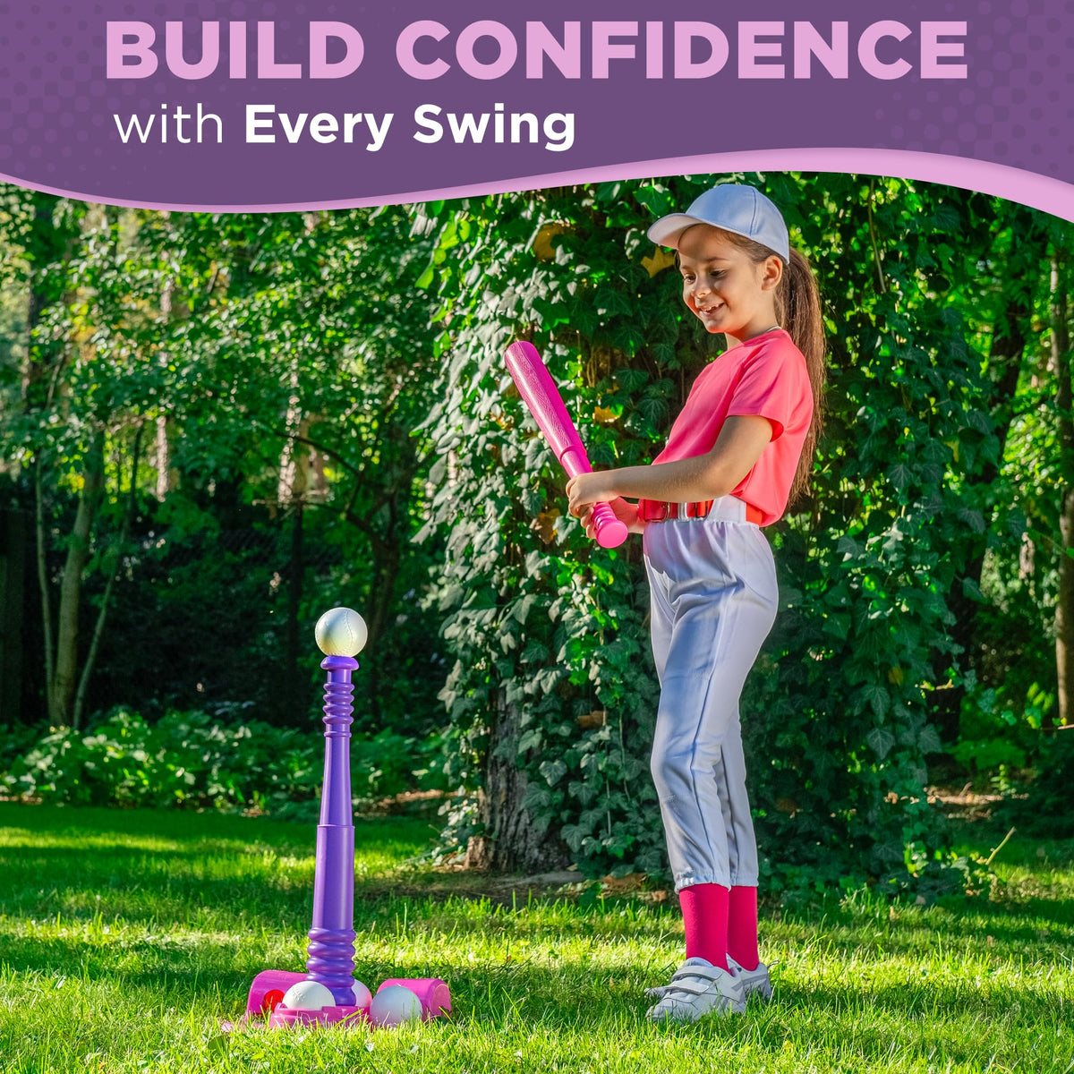 Child practicing baseball stance with tee