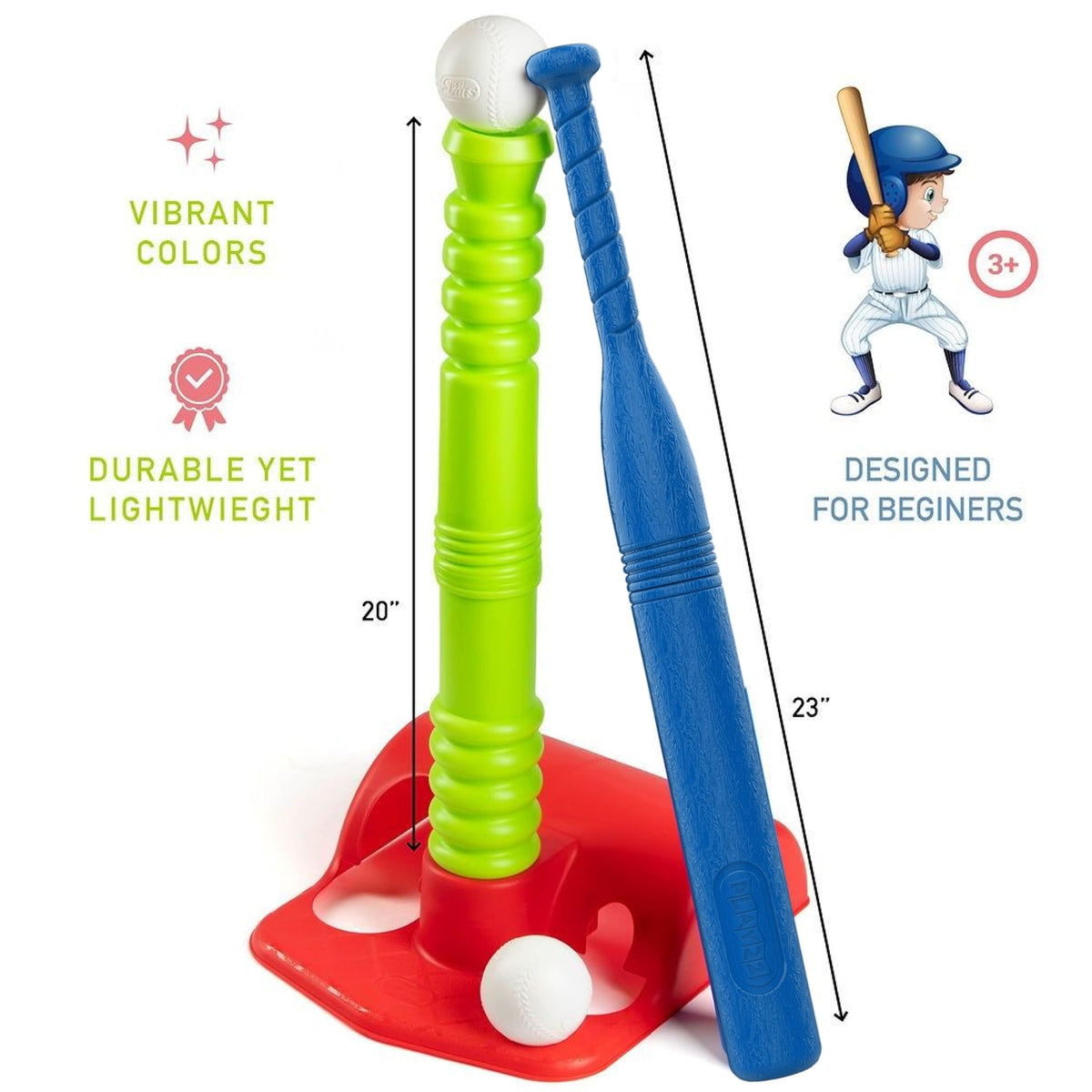 Child practicing with 23 inch Play22 baseball bat and tee