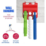 Wall mounted storage view of Play22 T ball set components