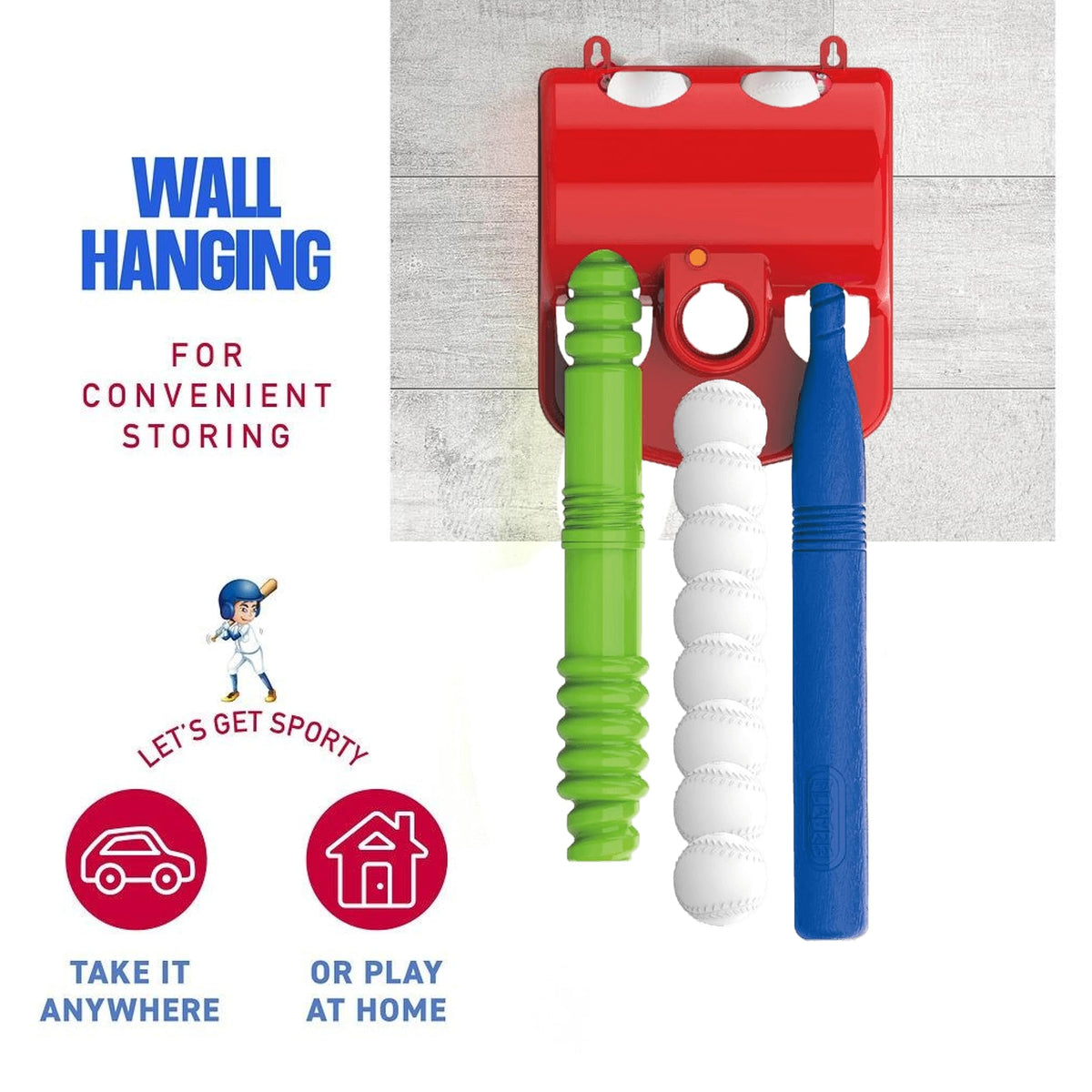 Wall mounted storage view of Play22 T ball set components
