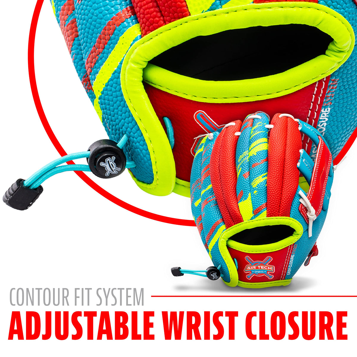 Youth baseball glove with royal blue and red design