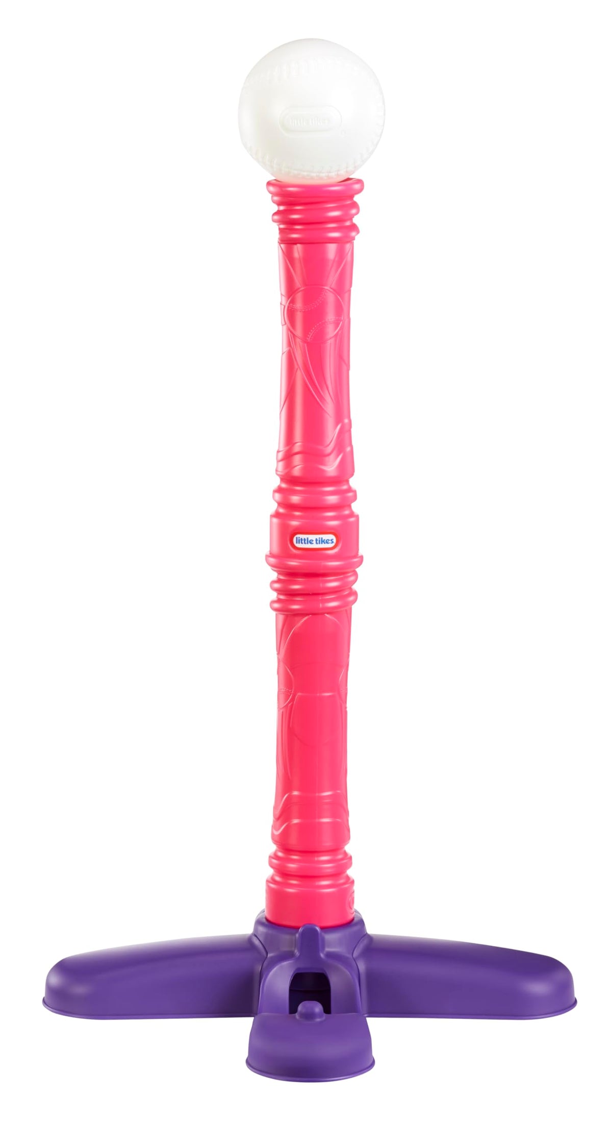 Toddler playing with Little Tikes pink T-ball set outdoors