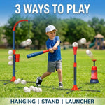 Toddler playing with Tomleon tee ball stand