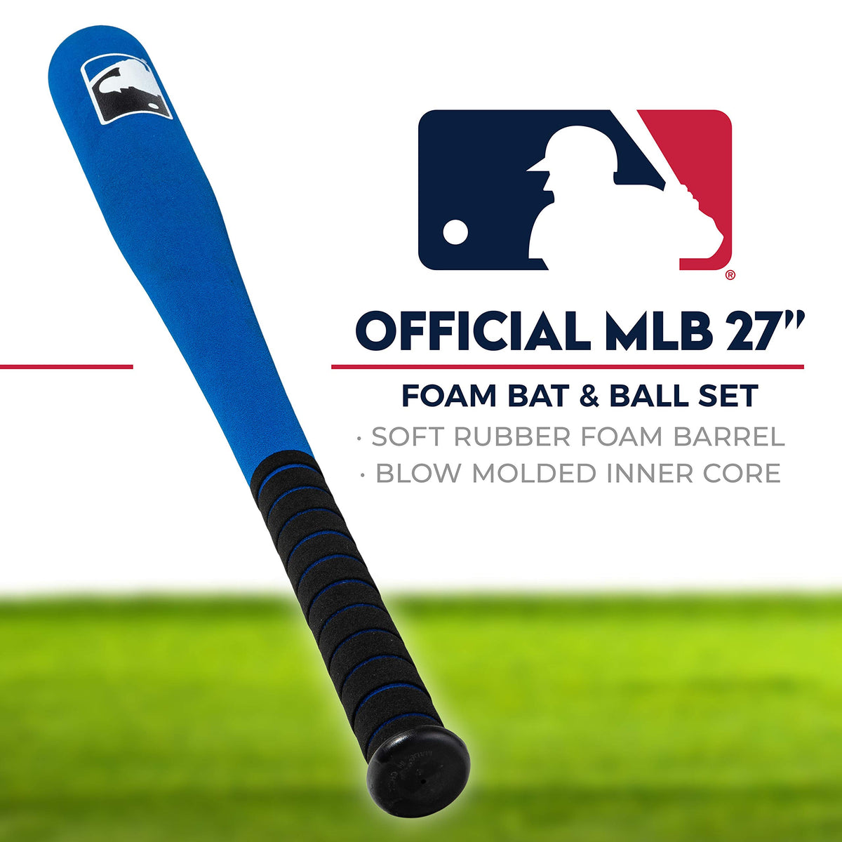 Close up of oversized foam bat barrel with MLB branding