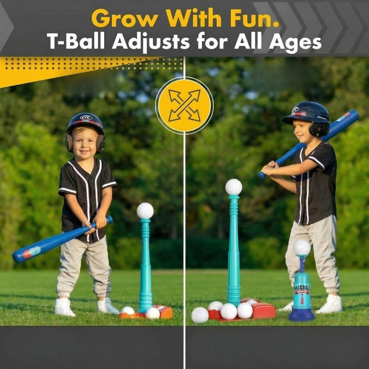 Adjustable batting tee feature for Tomleon baseball set