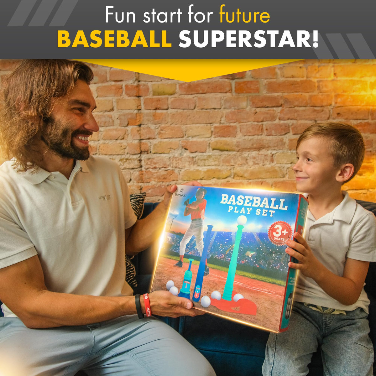 Kids playing with Tomleon baseball set in backyard