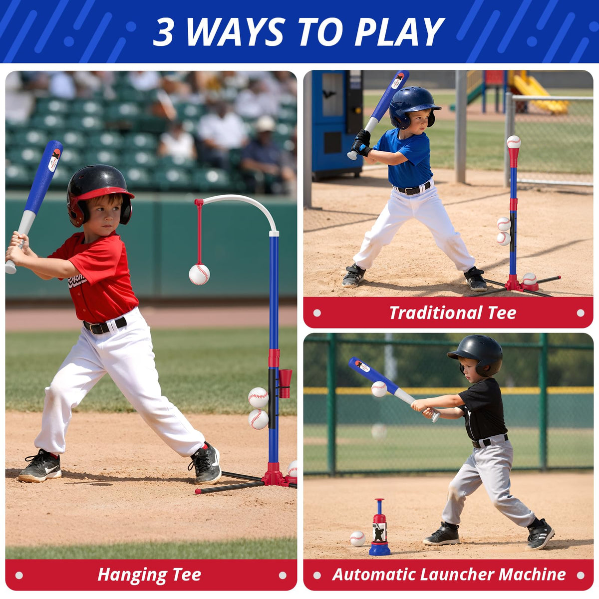 Child playing with HYES 3-in-1 baseball set standing tee mode