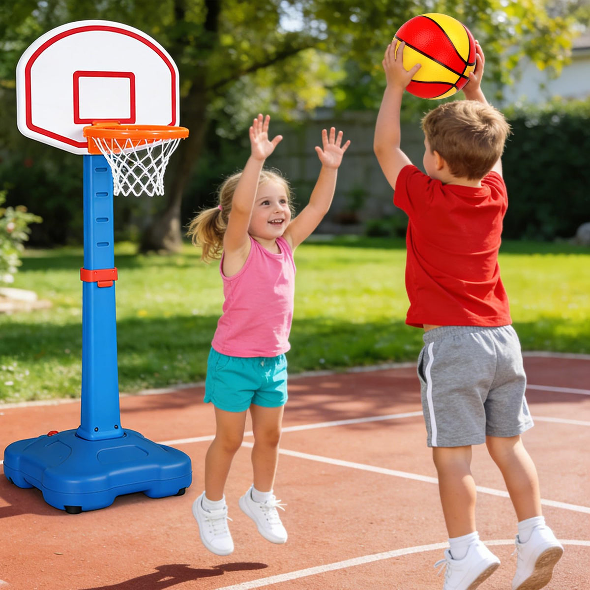Kids playing with mini basketballs in a pool setting