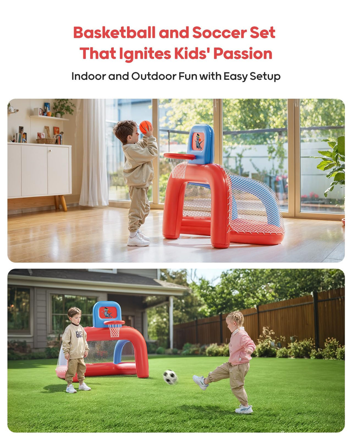 Toddler playing basketball with QPAU sports set