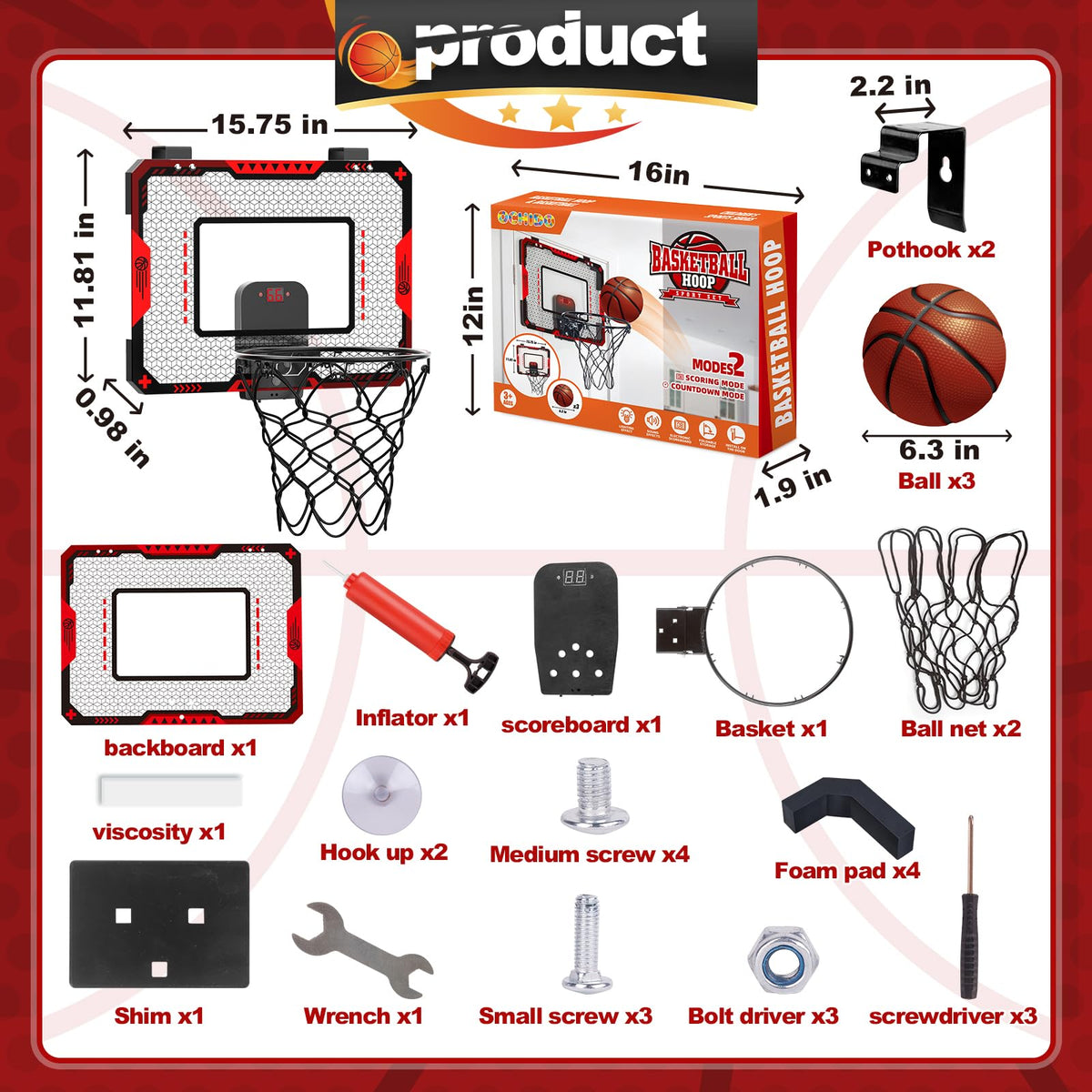 Close up of Gmaophy mini basketball hoop shatterproof backboard