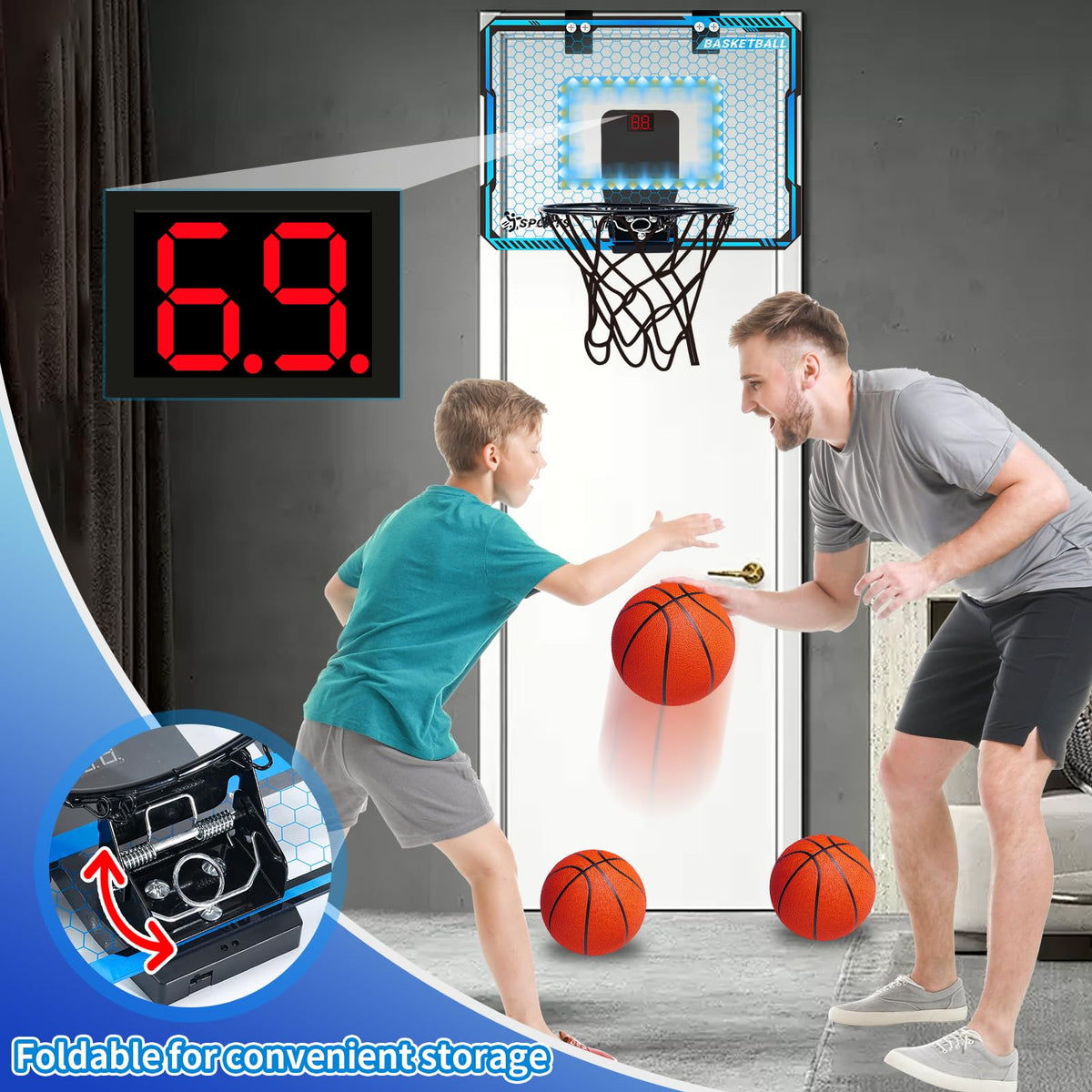 LED lights illuminated on basketball hoop rim in dark room