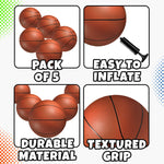 Five orange mini basketballs for kids indoor sports