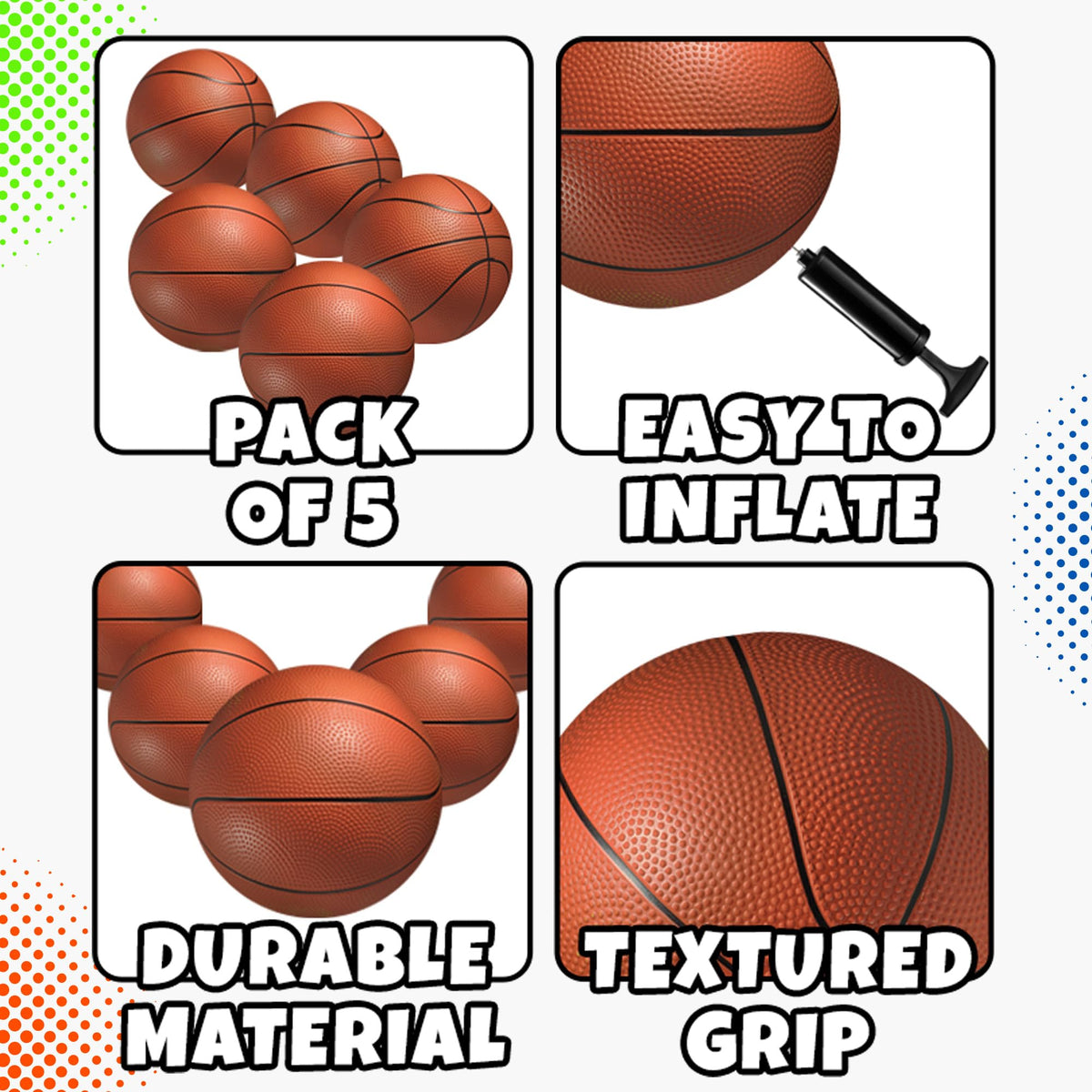 Five orange mini basketballs for kids indoor sports