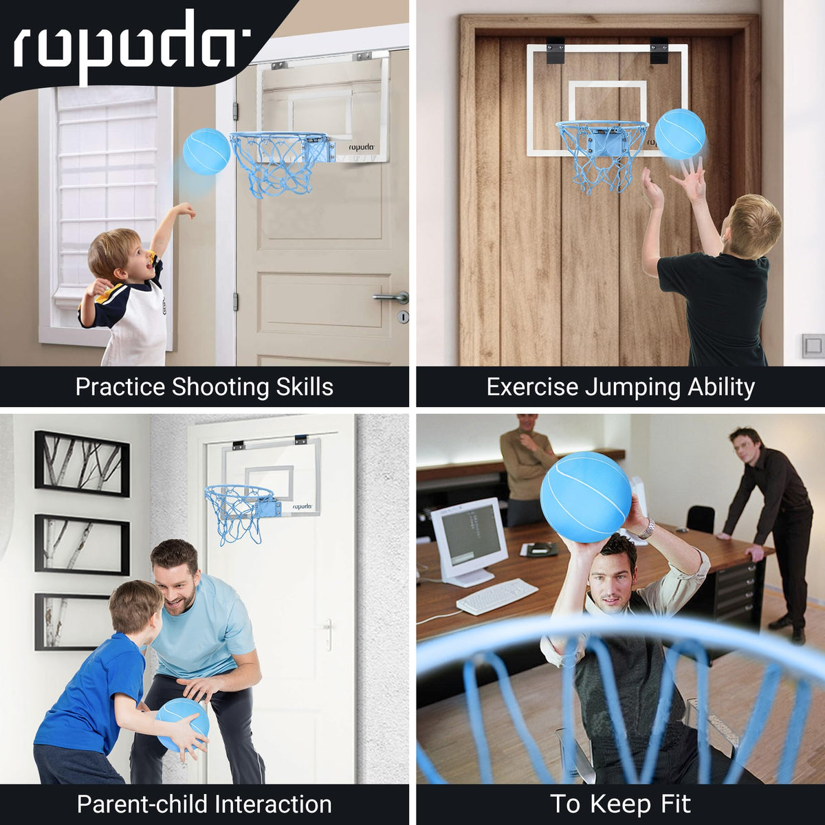 Teenager playing with Ropoda over the door basketball hoop