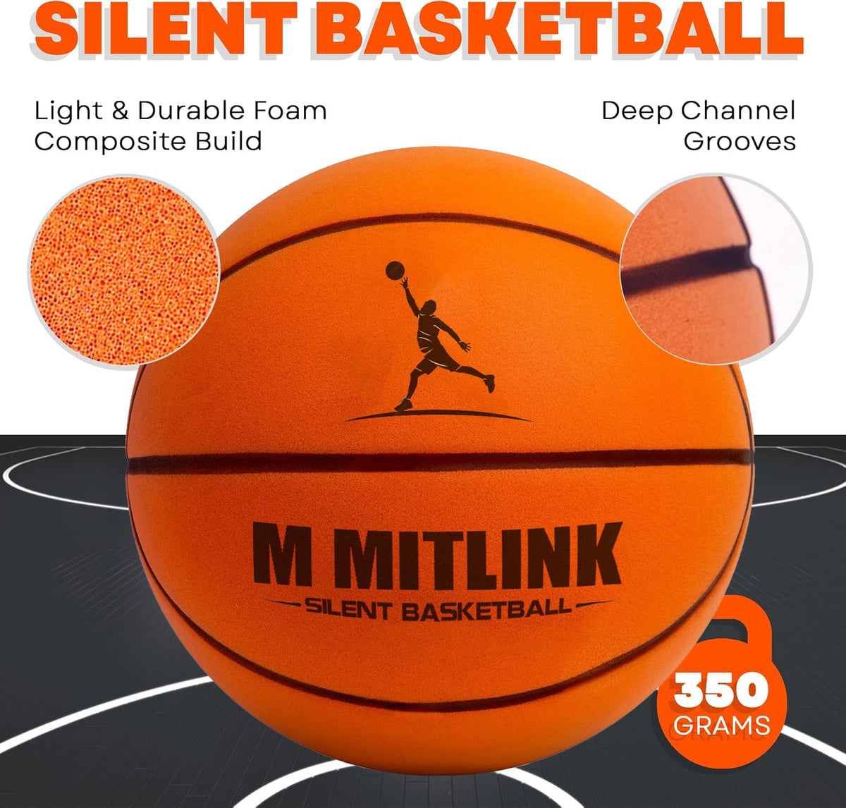 Close up of textured surface of M Mitlink quiet basketball