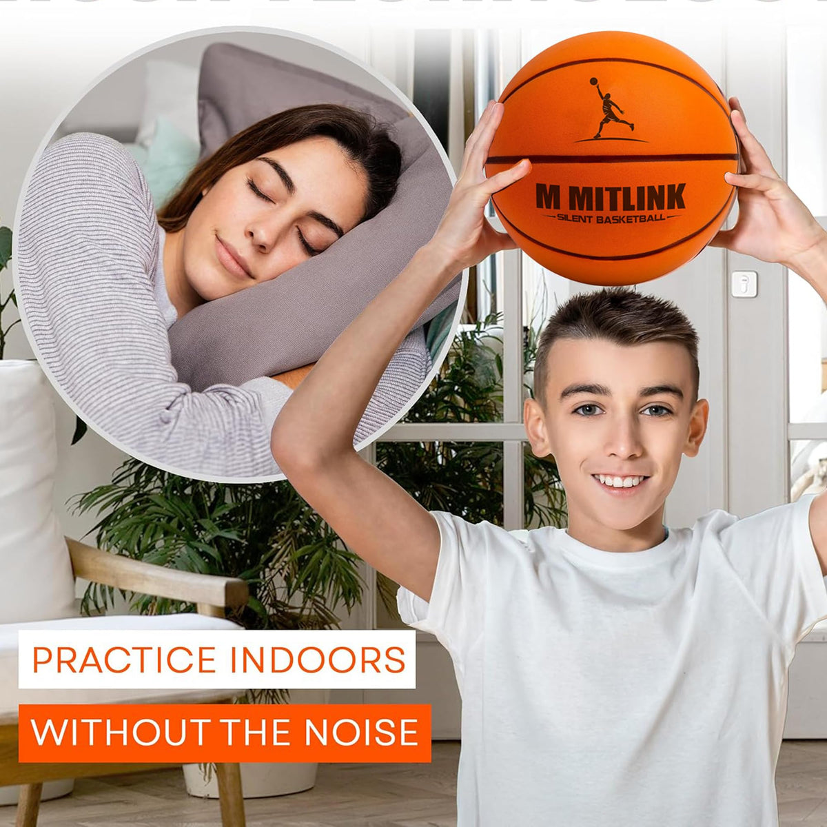 Person using M Mitlink silent basketball for indoor dribbling drills