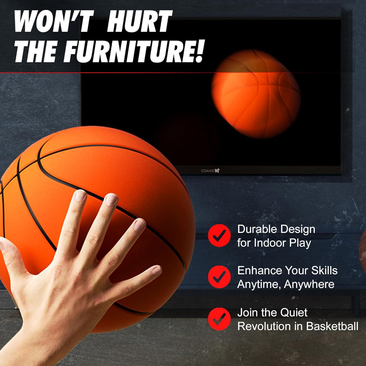 M Mitlink silent basketball displayed in residential indoor setting