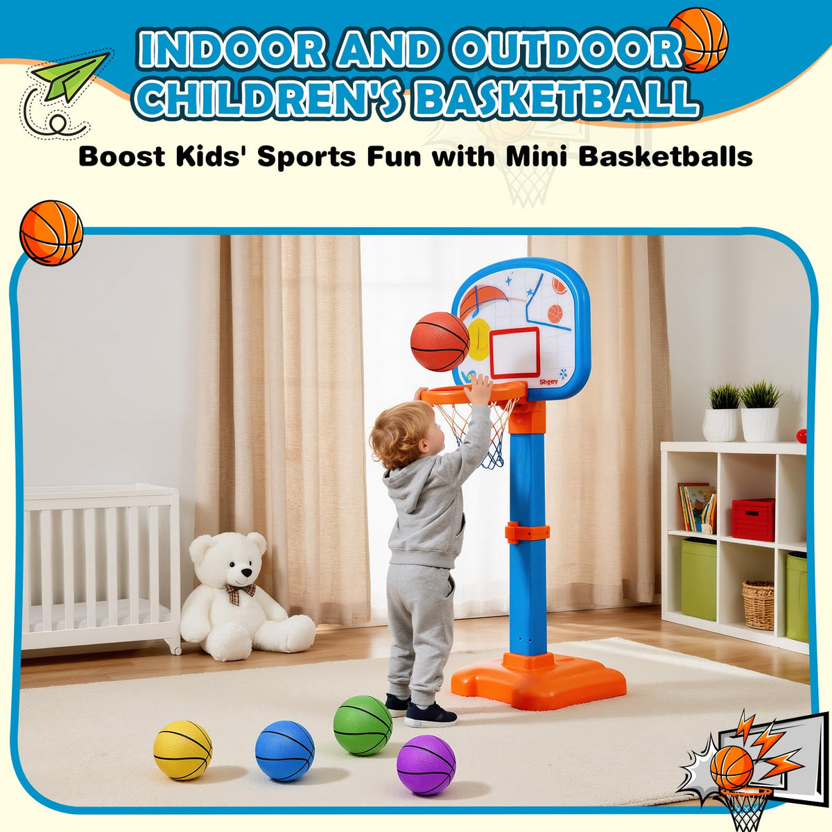 Brightly colored orange blue green yellow and purple small rubber basketballs floating in a swimming pool.