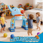 Toddler holding a small multicolored PlayBolt mini basketball demonstrating the perfect child sized grip.