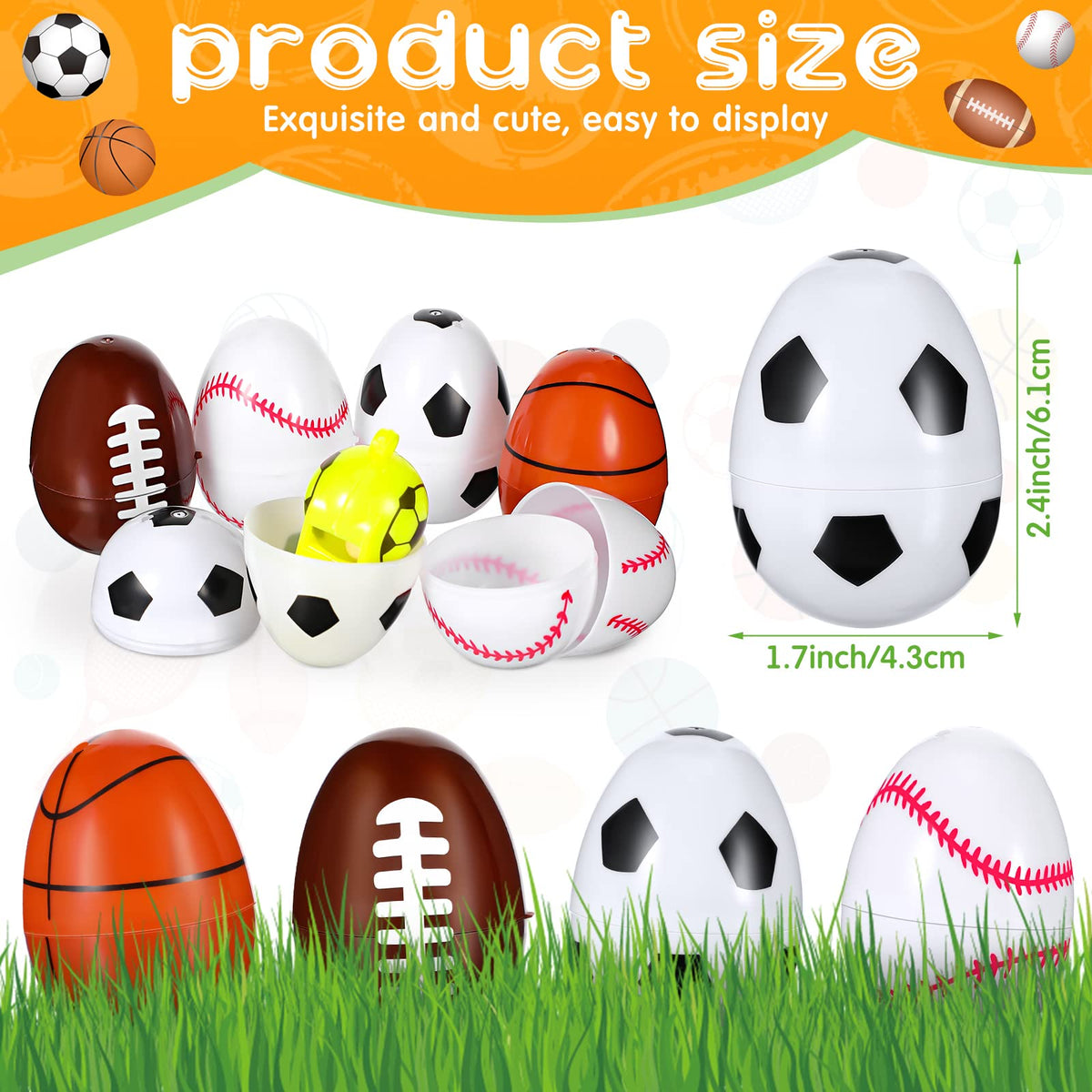 Fillable sports ball plastic eggs kit open to display candy stuffing capabilities.