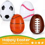 Assorted baseball and football patterned plastic Easter eggs spread out on a flat surface.