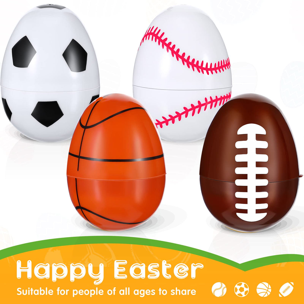 Assorted baseball and football patterned plastic Easter eggs spread out on a flat surface.